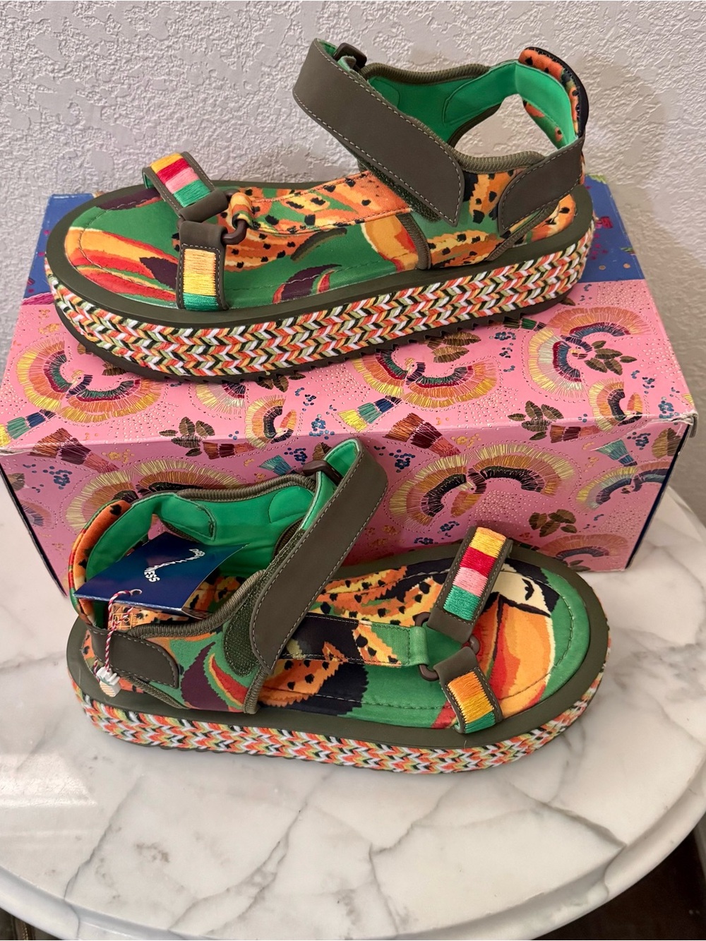 Farm Rio Toucan Raffia platform Sandals Tropical Velcro Platform,New! Brazilian - Picture 4 of 12